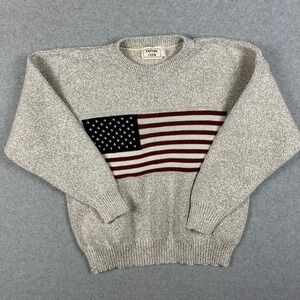 VINTAGE Cotton Club American Flag Sweater L 90s Grandpa Knit Coastal Grey